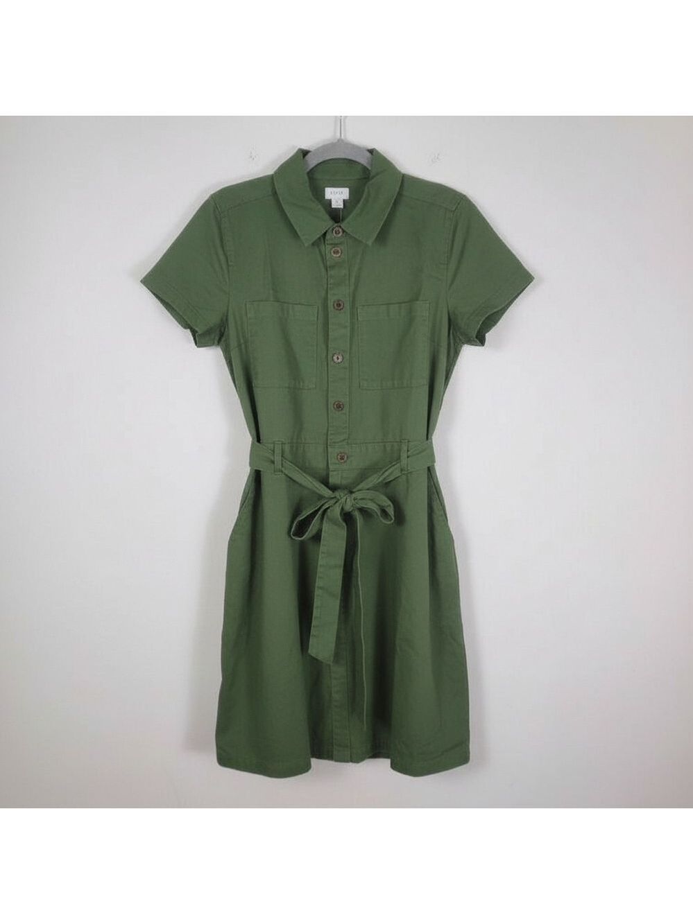 J Crew Full Button Dress Olive Green Tie Waist Cotton Size 6